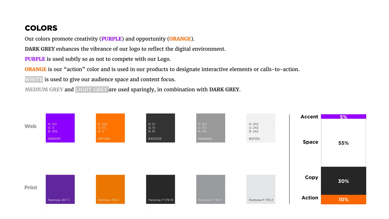 Color system: purple for creativity, orange for opportunity.
