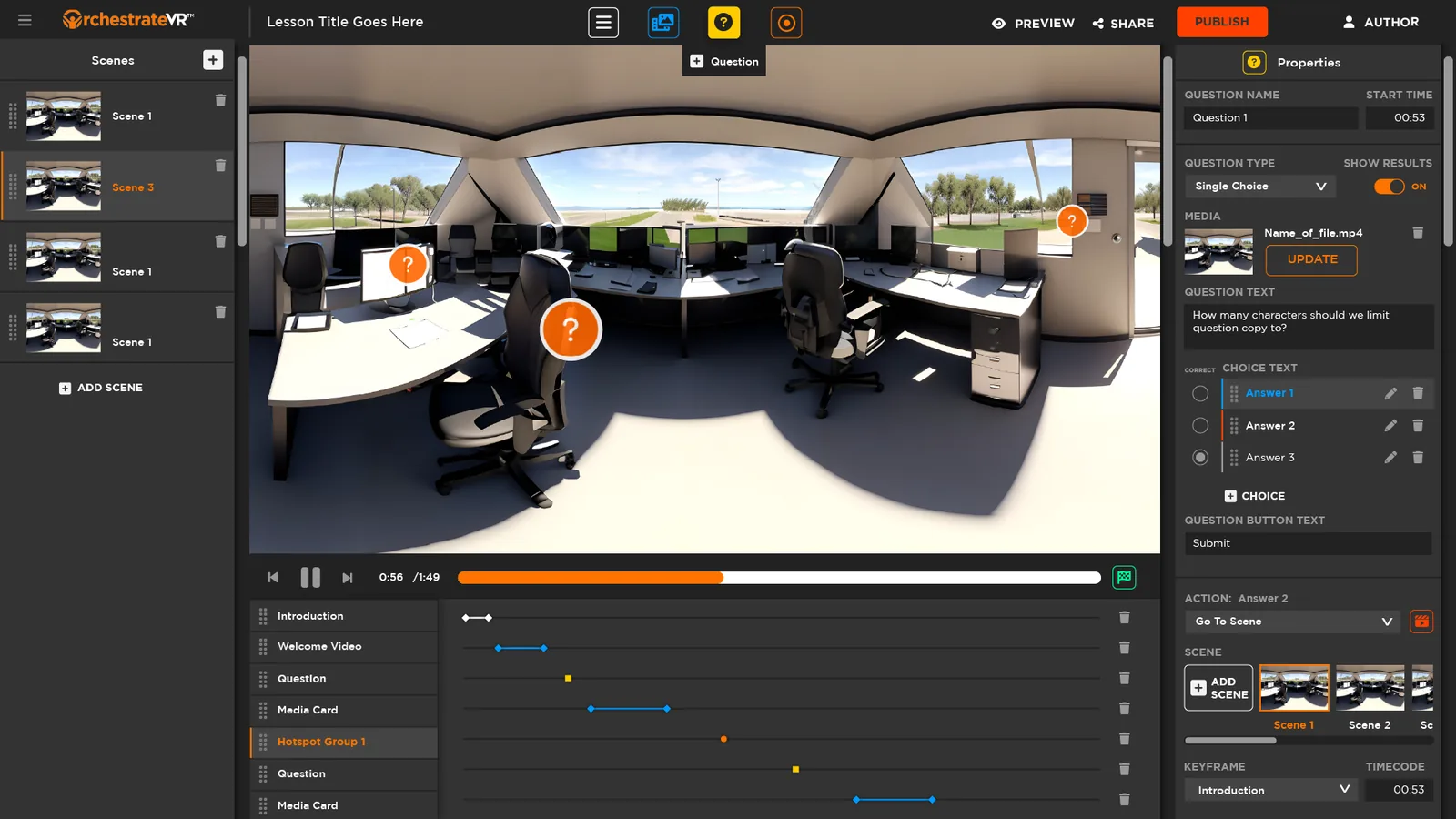 The experience editor: scenes, interactions and timeline in one view.