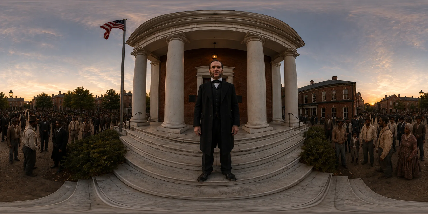 On the courthouse steps: character, crowd and setting created with AI, in 360°.
